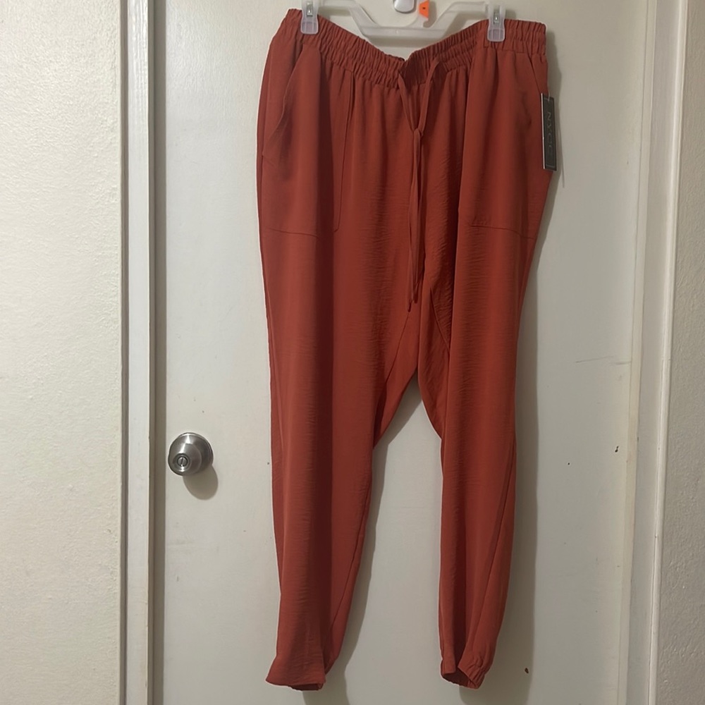 Contemporary jogger style dress pants in color copper and size 1X.